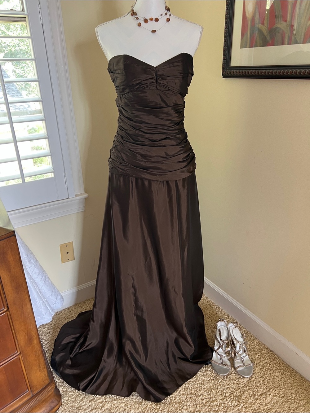 Strapless Chocolate Brown Satin Evening Gown made in USA